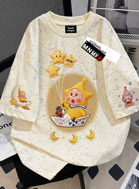 女童卡通星星人仿刺绣夏季款纯棉扎染短袖t恤中学生时尚宽松上衣