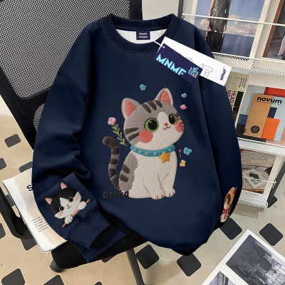 卡通猫咪印花女童加绒圆领卫衣