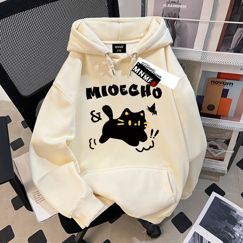 秋冬季新款卡通黑猫印花男女童百搭宽松连帽卫衣中大童加绒上衣潮