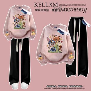 女童加绒扎染圆领卫衣卡通疯狂动物城仿刺绣初中生长裤百搭套装潮