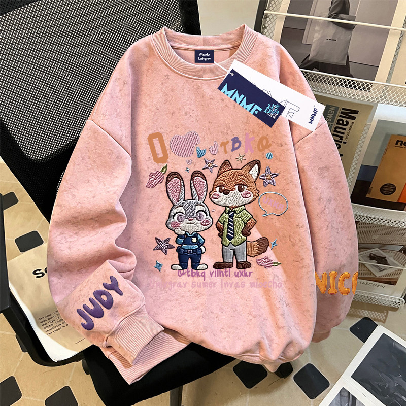 疯狂动物城仿刺绣2026秋冬加绒扎染圆领卫衣中学生宽松洋气上衣潮