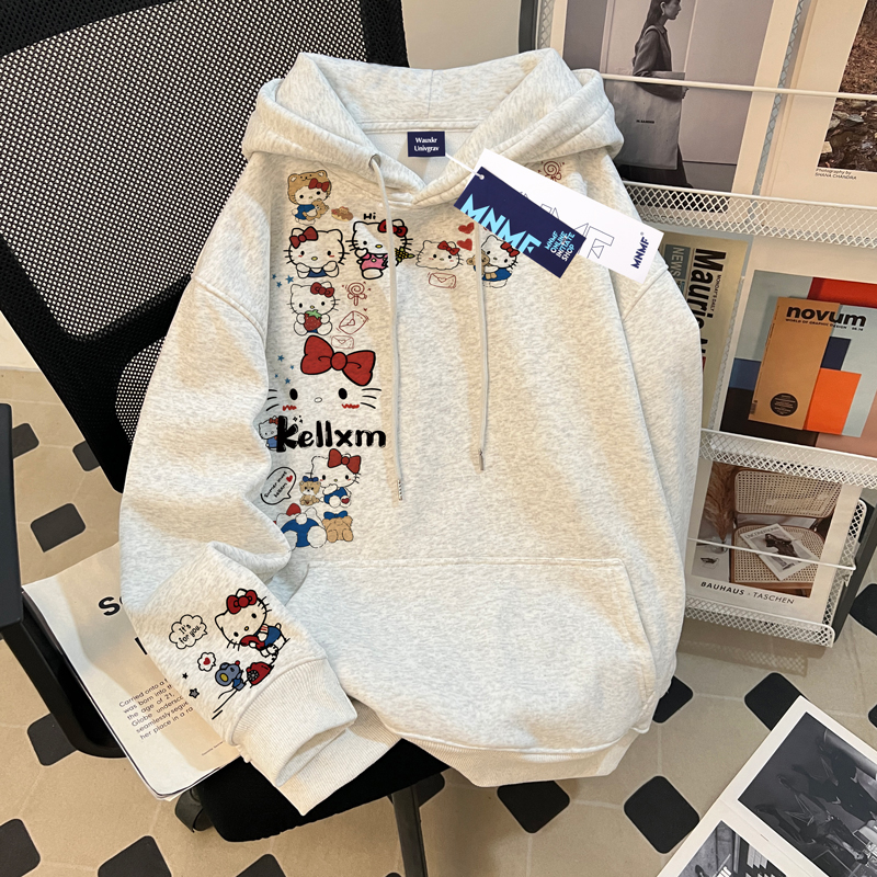 女童加绒连帽卫衣2025新款洋气Kitty猫女大童秋冬保暖套头上衣服