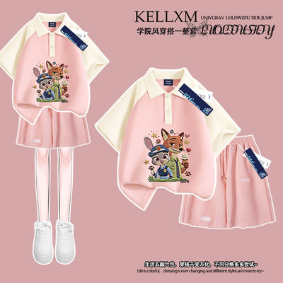 女童2026夏季疯狂动物城仿刺绣Polo衫短袖t恤短裤套装中大童宽松