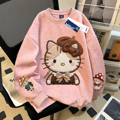 HelloKitty猫女童扎染卫衣秋冬2025新款女大童加绒加厚圆领上衣服