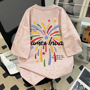 男女童烟花字母仿刺绣夏季重磅100%纯棉扎染短袖t恤初中生上衣ins