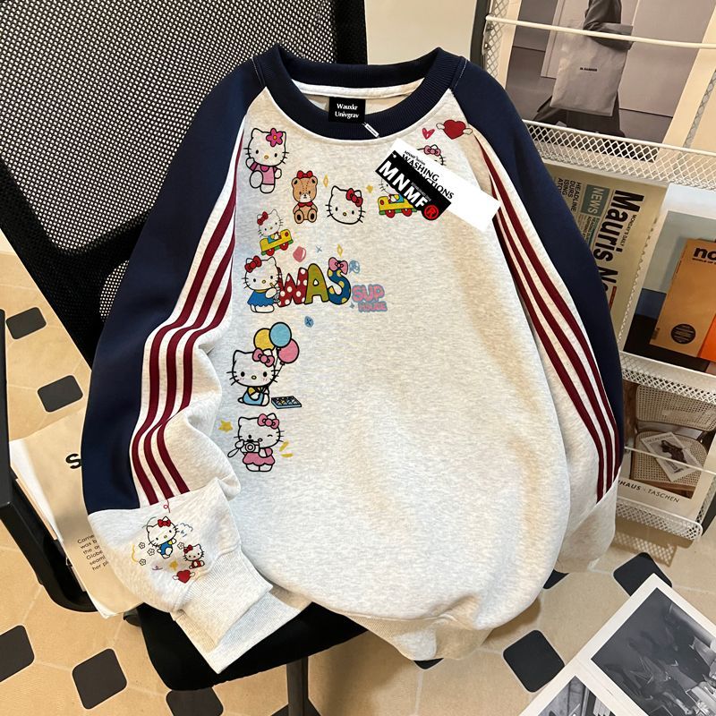 女童插肩三条杠卫衣春秋季新款卡通凯蒂猫中大童圆领外套上衣潮