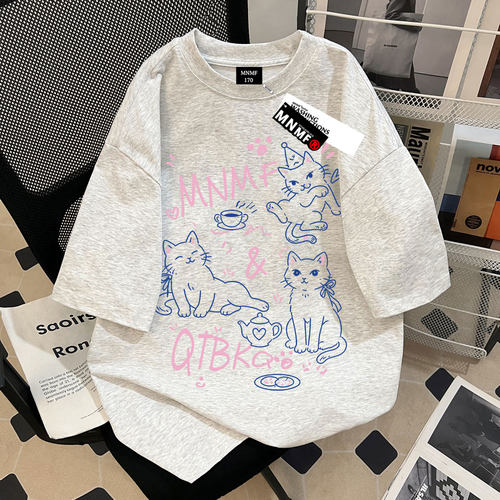 100%纯棉短袖t恤韩版线条小猫印花女童夏季款初中生小众百搭上衣