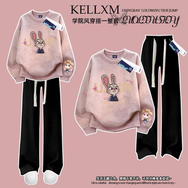 女童新款卡通朱迪印花秋冬加绒扎染圆领卫衣初中生长裤套装时尚潮