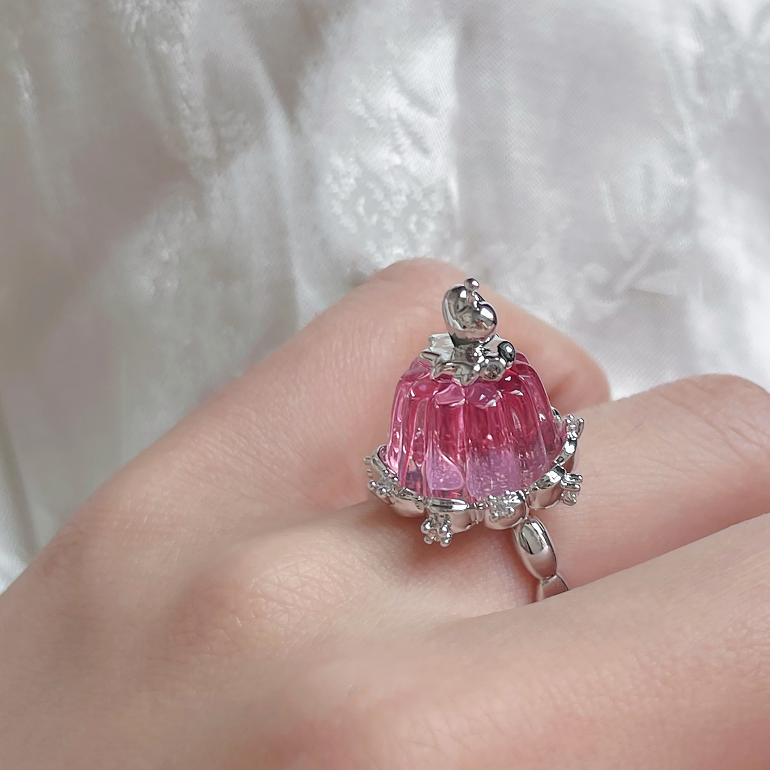 粉色蛋糕爱心立体戒指可调节女