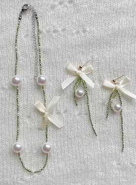 芭蕾风蝴蝶结丝带项链耳钉耳夹女