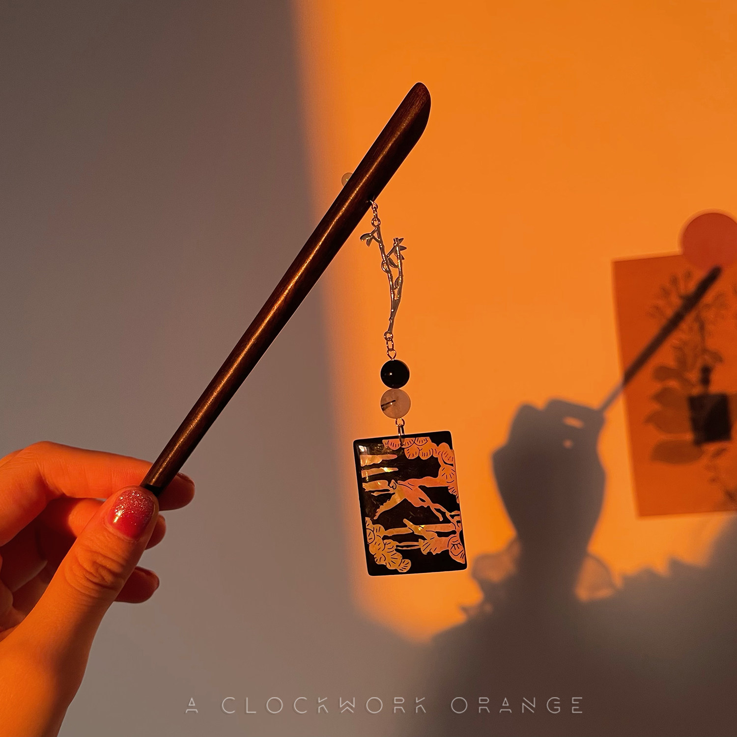 原创设计新中式檀木发簪黑玛瑙发晶竹子手作镙钿天然贝壳仙鹤簪子
