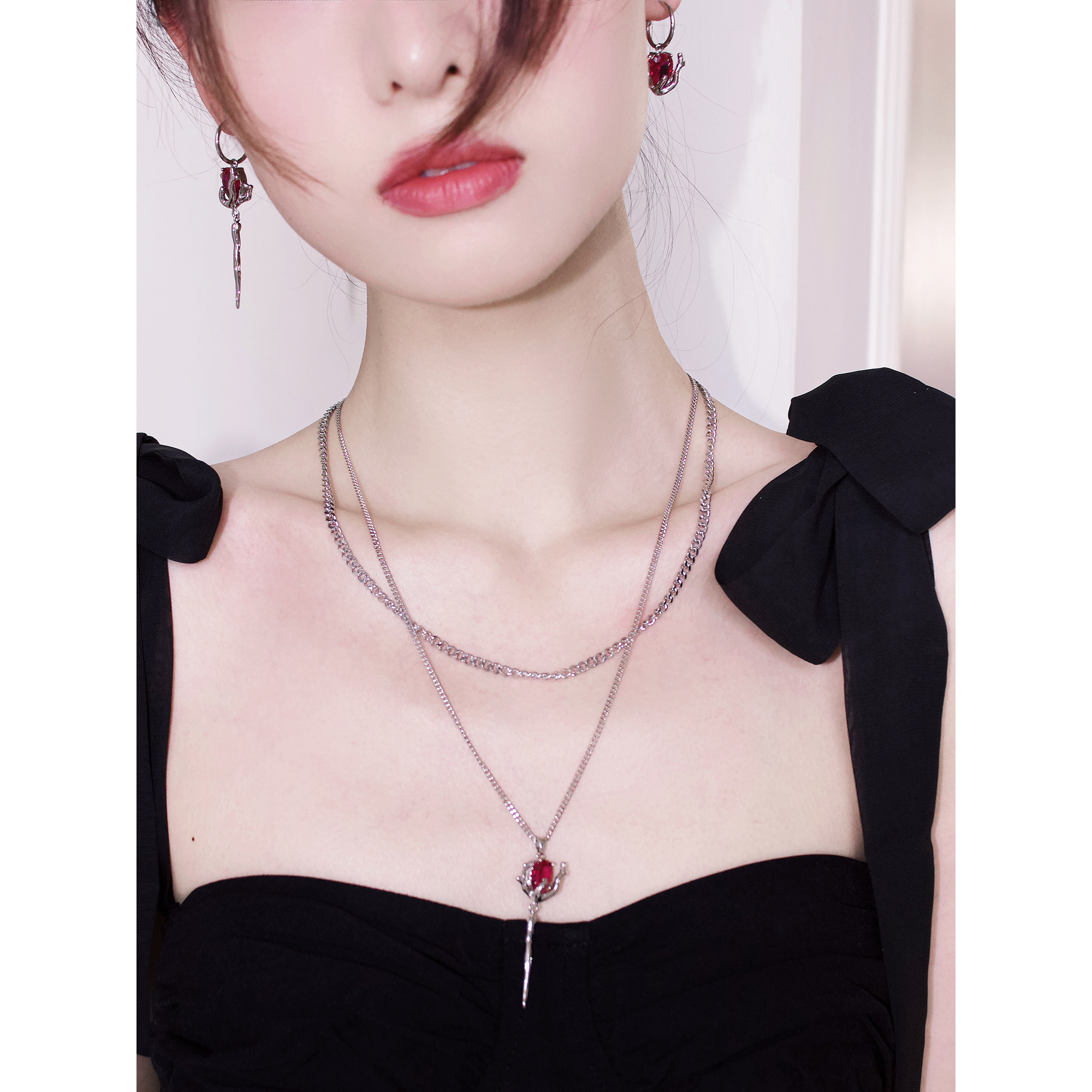 小众设计新年复古红色耳环项链女