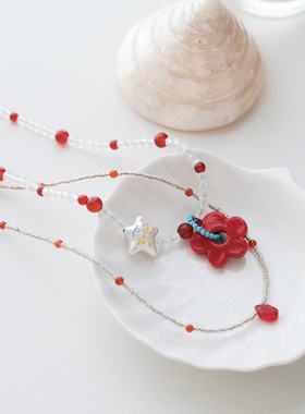 气质串珠小众水滴花朵锁骨链琉璃