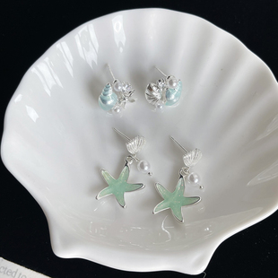 海洋系列蓝绿色水母星星流苏锆石闪闪耳钉合集耳夹少女心简约气质