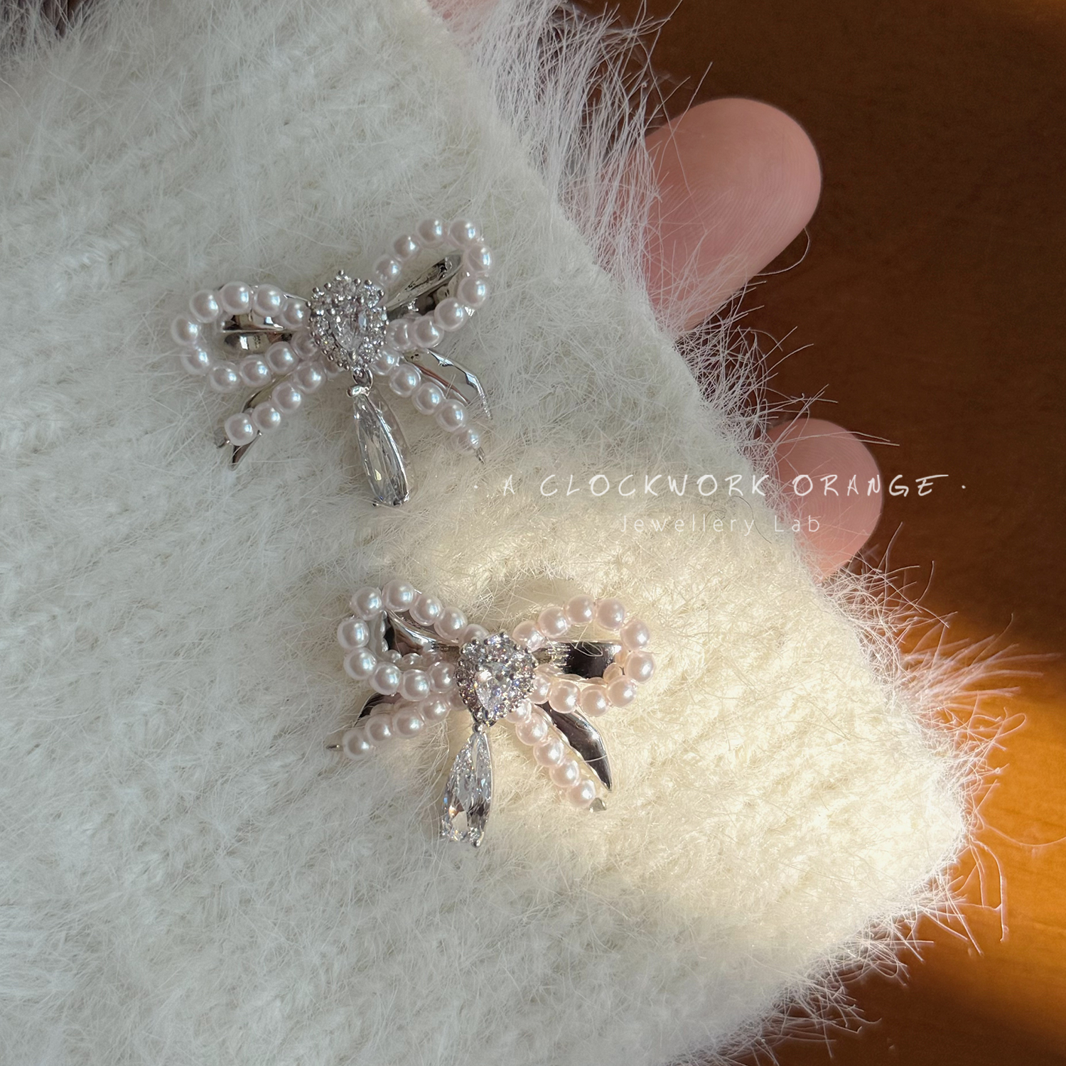 蝴蝶结水滴锆石耳钉项链套装叠戴