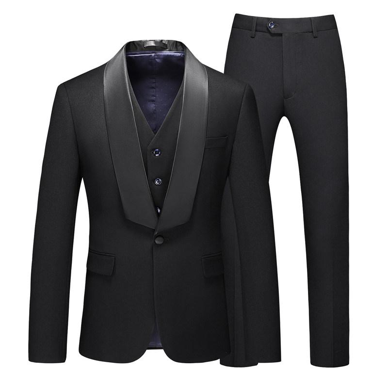 3D图-男士西服套装青果领西装三件套新郎修身结婚礼服黑6901P310图片