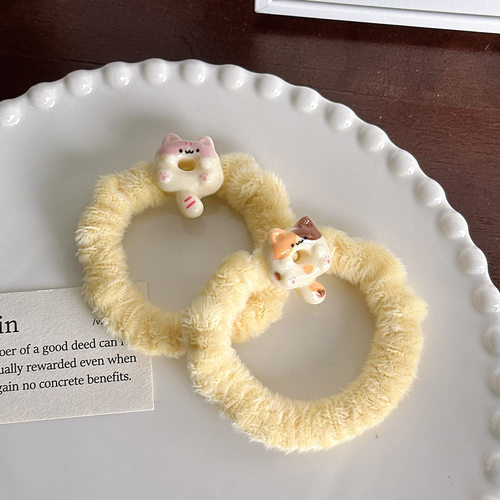 秋冬款可爱猫咪甜甜圈毛绒小肠圈卡通软萌扎马尾发绳发饰