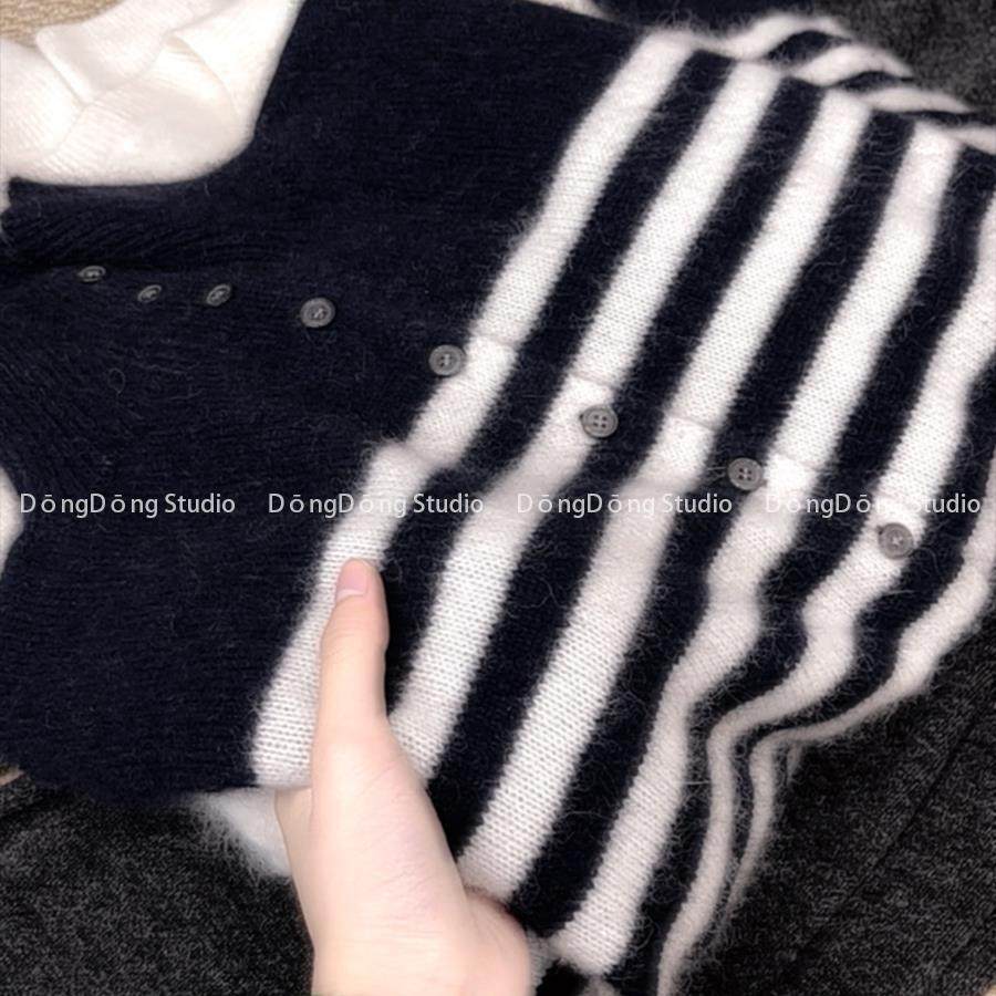 冬季新品【海军条纹】半高领骆马绒宽松长袖针织开衫毛衣外套9027