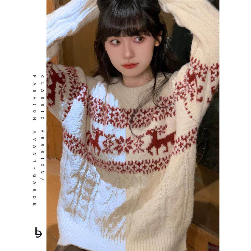 覆古软糯费尔岛新年红白色圣诞提花设计感毛衣女慵懒宽松针织上衣