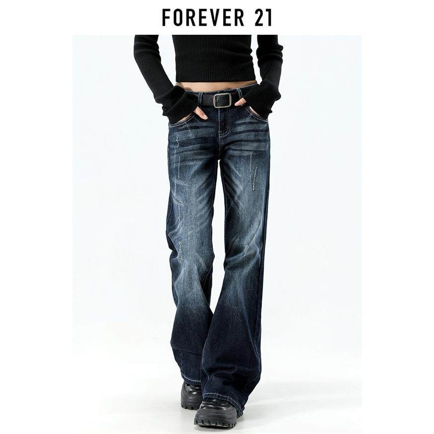 Forever 21美式覆古蓝灰直筒微喇牛仔裤女新款低腰修身显瘦马蹄裤