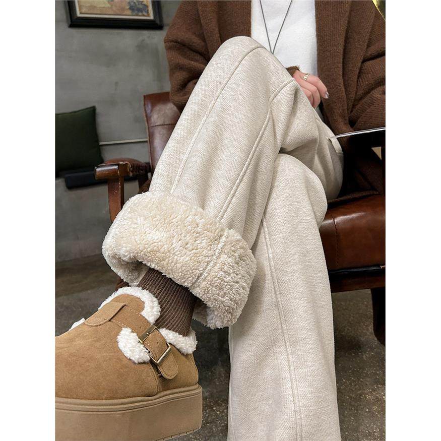 加绒毛呢阔腿裤女冬季2025新款高个子秋冬直筒棉裤白色滑雪防寒裤