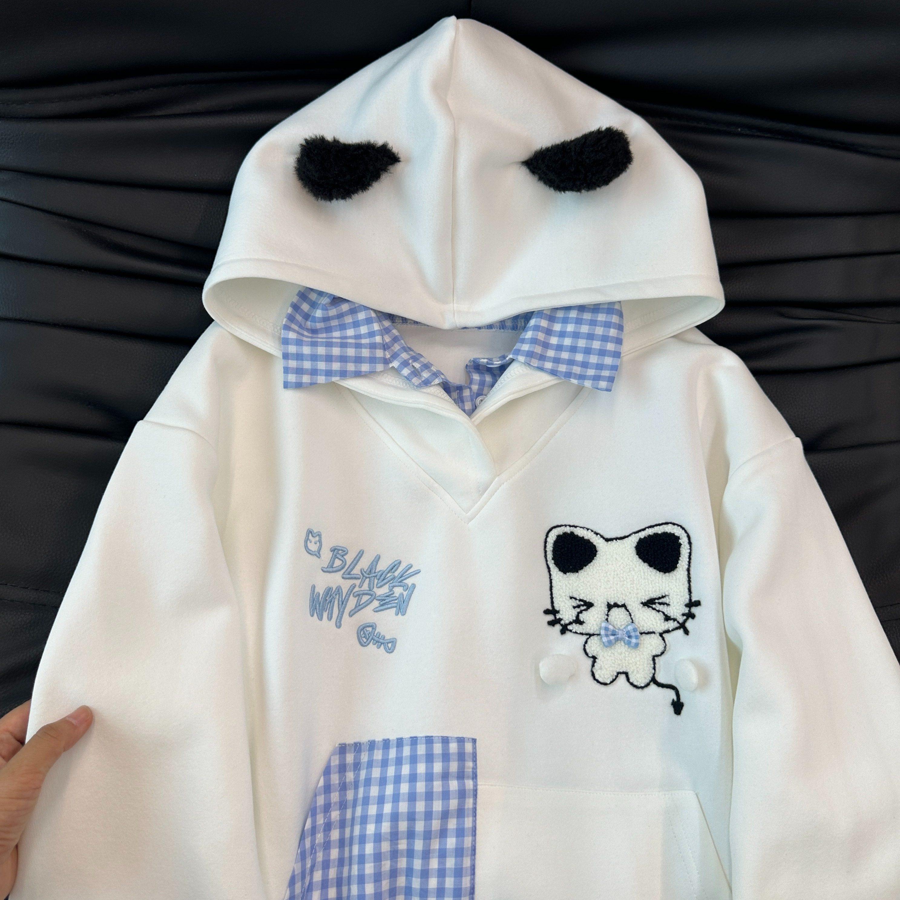 甜美可爱猫咪刺绣假两件连帽白色厚棉T女宽松慵懒风2025年新款上