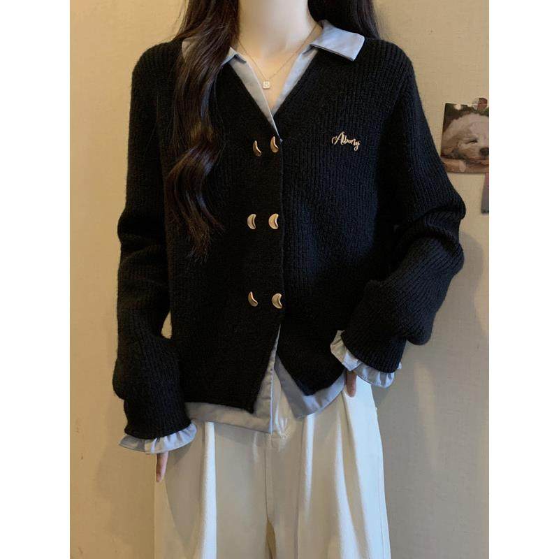 假两件韩版宽松遮肚毛衣开衫女秋冬大码胖mm慵懒风外穿针织衫上衣