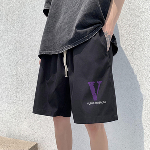 ！22夏季新款宽松大码港风紫色v短裤冰丝短裤DK1611P20,踩脚裤搭配毛毛鞋图片