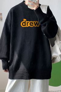 2024新款港风DREW宽松大码半高领毛衣男女圆领加绒加厚针织衫P48图片