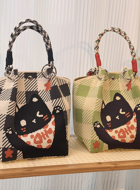 亚马逊ebay针织手提包复古千鸟格毛线编织单肩包百搭休闲包托特包