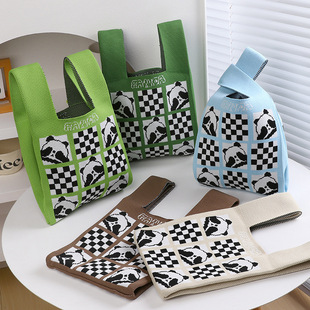 熊猫针织斜挎单肩手提包小方包韩版百搭大容量可爱通勤托特包针织