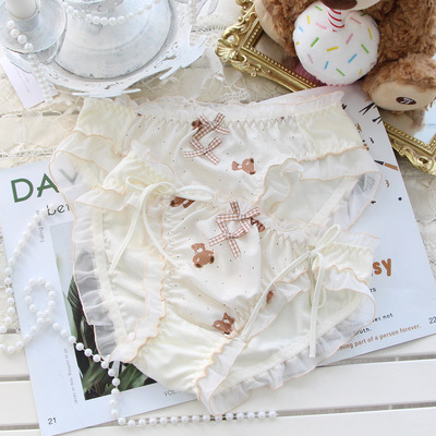 日系洛丽塔内裤棉三角裤小熊印花可爱大码内裤女士系带能解开胖次