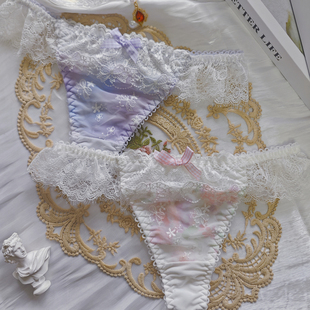 少女私房浪漫日系冰丝彩虹渐变小清新少女T裤蕾丝纯欲丁字裤大码