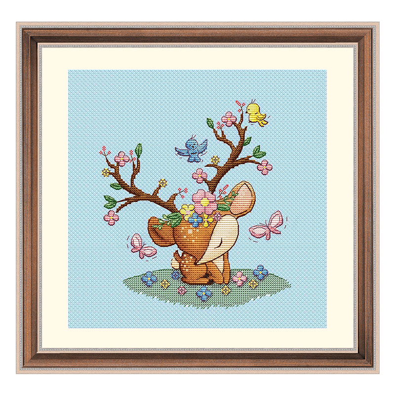 DMC绣线小小鱼十字绣 D1063春天小鹿浅蓝绣布DIY刺绣套件