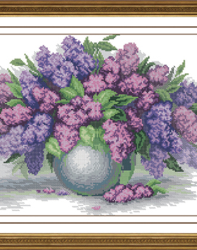 DMC绣线小小鱼B429 花卉紫色忧郁瓶花精准印花印布十字绣套件