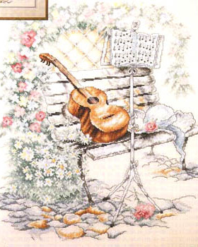 DMC绣线小小鱼C153 风景花园吉他现代简约乐器乳白色布十字绣套件