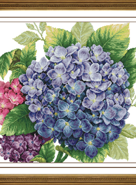 DMC绣线小小鱼B380 花卉诱人绣球花书房蓝色精准印花十字绣套件