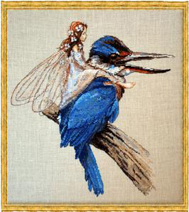 小小鱼DMC绣线 人物E381蓝色大鸟简约现代精灵亚麻面料十字绣套件