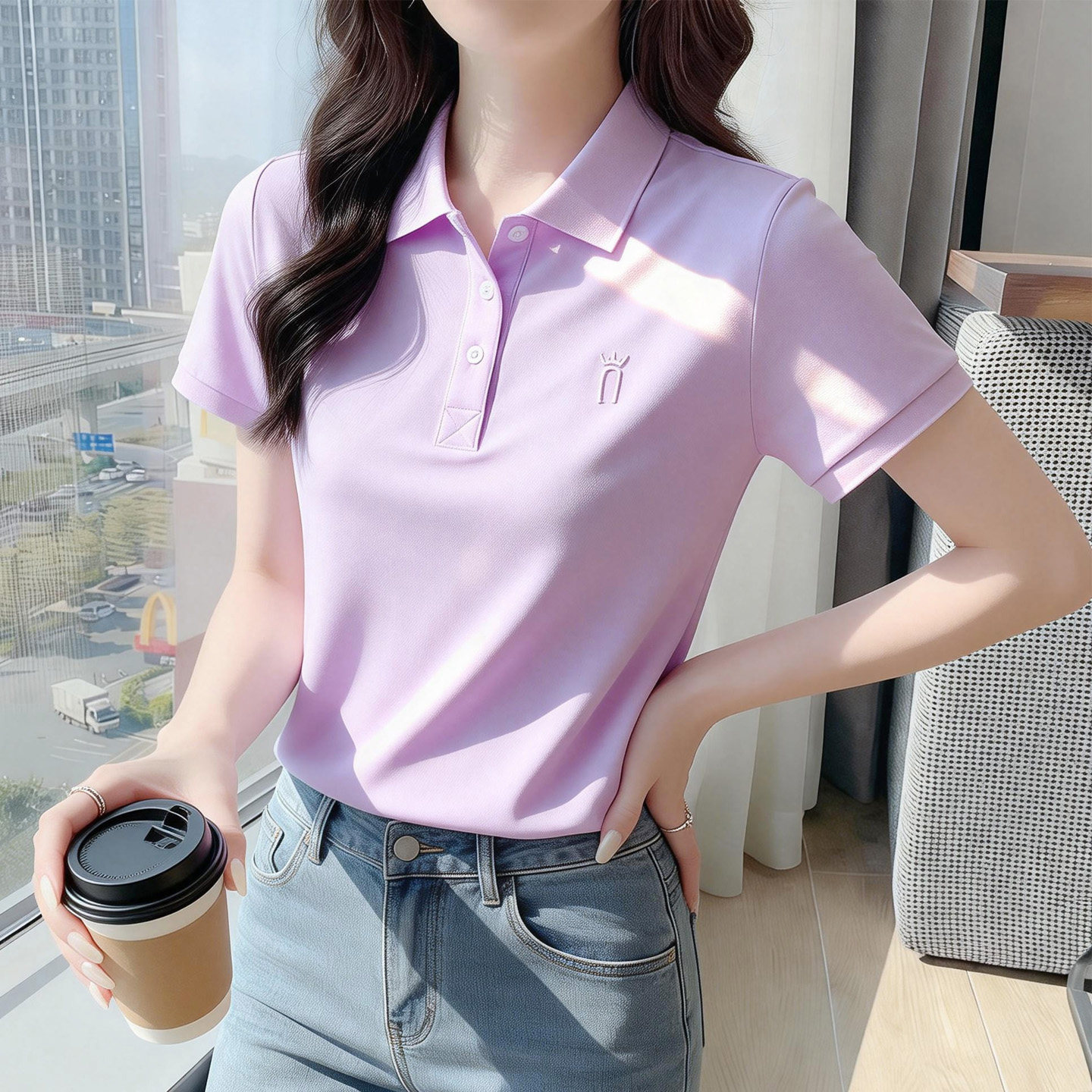 夏季新款订做纯棉正肩翻领polo衫修身女款 定制LOGO短袖风休闲t恤
