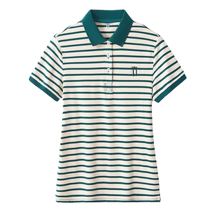 夏季翻领修身显瘦t恤半袖女 带领正肩条纹纯棉百搭大码短袖女上衣