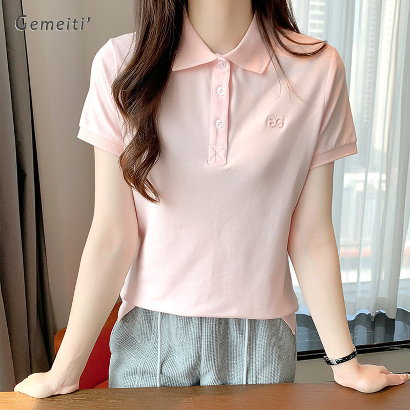 淡色刺绣有领短袖t恤女 薄款针织翻领纯棉定制logo休闲polo衫上衣