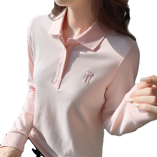 纯棉正肩翻领长袖t恤女 2025春秋季休闲显瘦polo衫定制logo工作服