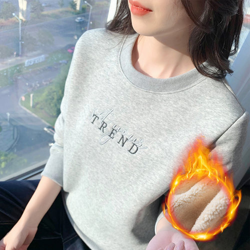 酒红色加绒加厚卫衣女圆领