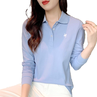 纯棉正肩休闲翻领长袖t恤女士 秋季薄款定制LOGO工作服polo衫上衣