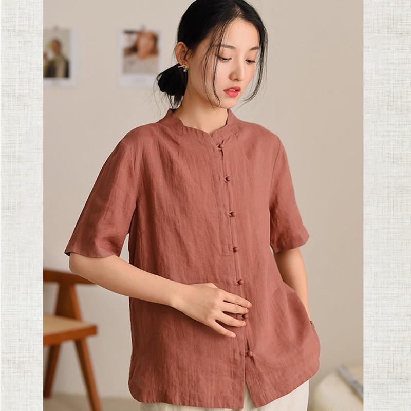 特卖中式盘扣上衣女佛系禅意女装短袖棉麻复古薄款夏装t恤禅修居