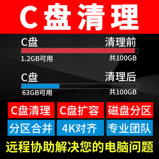 电脑远程c盘清理扩容台式 笔记本磁盘分区流氓软件广告弹窗内存