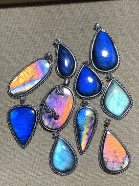 拉长石吊坠银镶嵌包边精品紫彩虹蓝黄金绿色月亮五角星椭圆水滴方