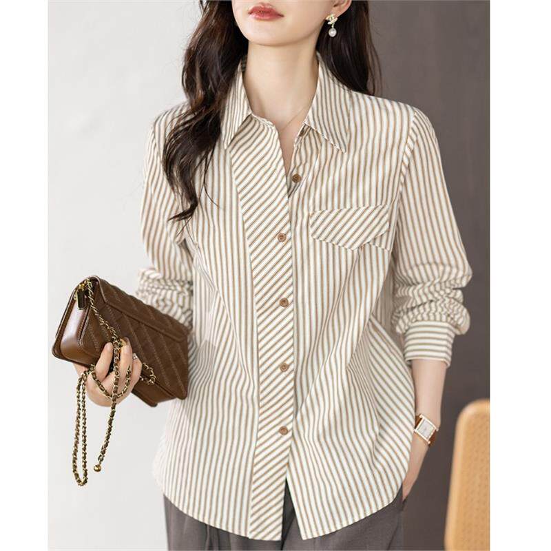 法式设计感宽松条纹衬衫女2025春秋新款通勤简约时尚翻领气质上衣