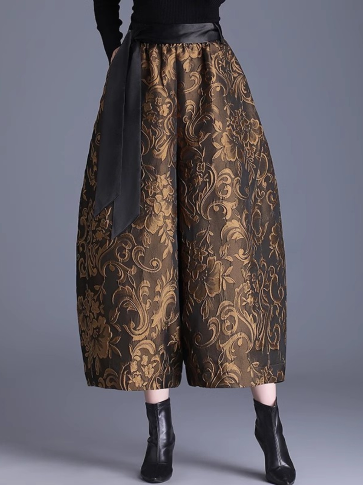 加绒加厚灯笼提花九分阔腿裤女秋冬新款高腰宽松休闲花苞长裤子