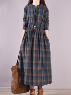 连衣裙女秋冬季大码宽松显瘦中长款收腰系带格子打底长裙